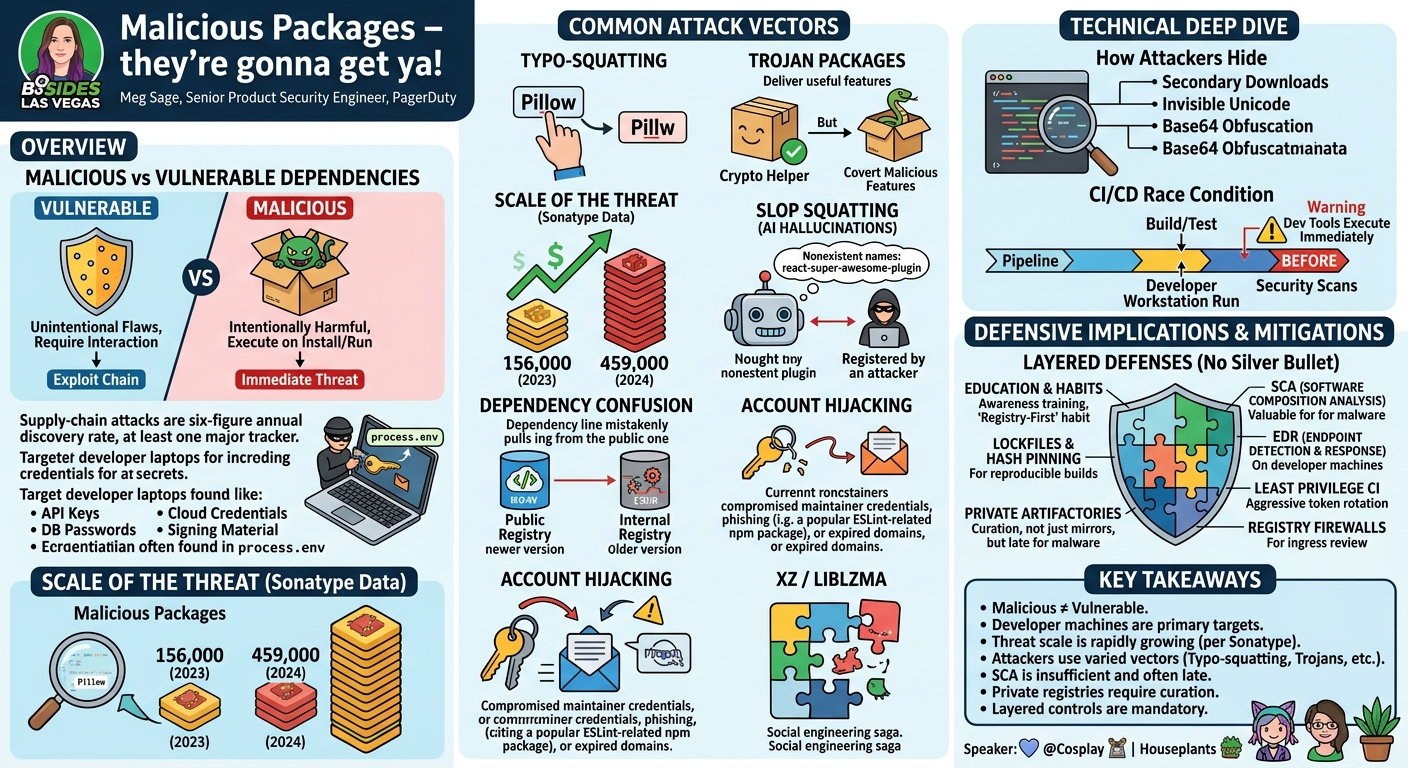 Visual summary for Malicious Packages – they’re gonna get ya! by Allan Friedman, Megg Sage