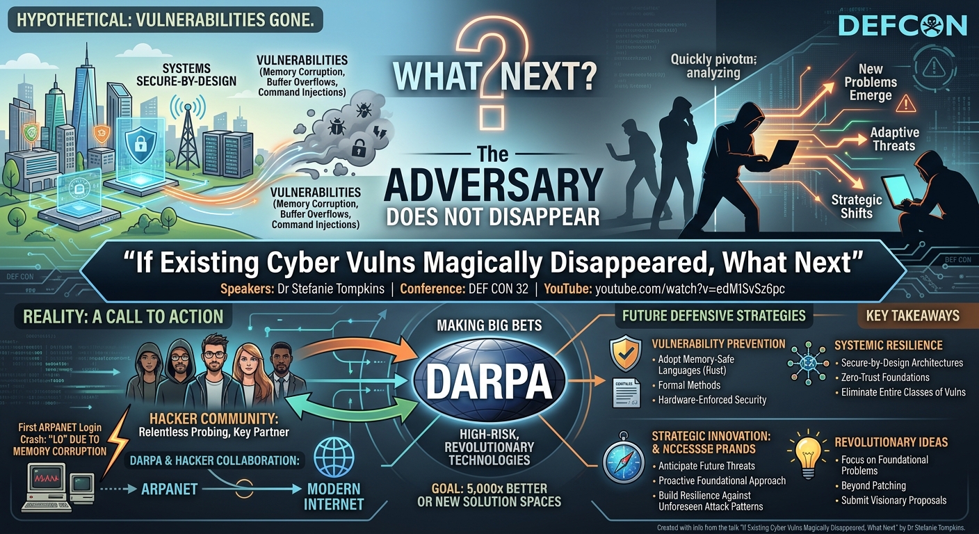Visual summary for If Existing Cyber Vulns Magically Disappeared, What Next by Dr Stefanie Tompkins