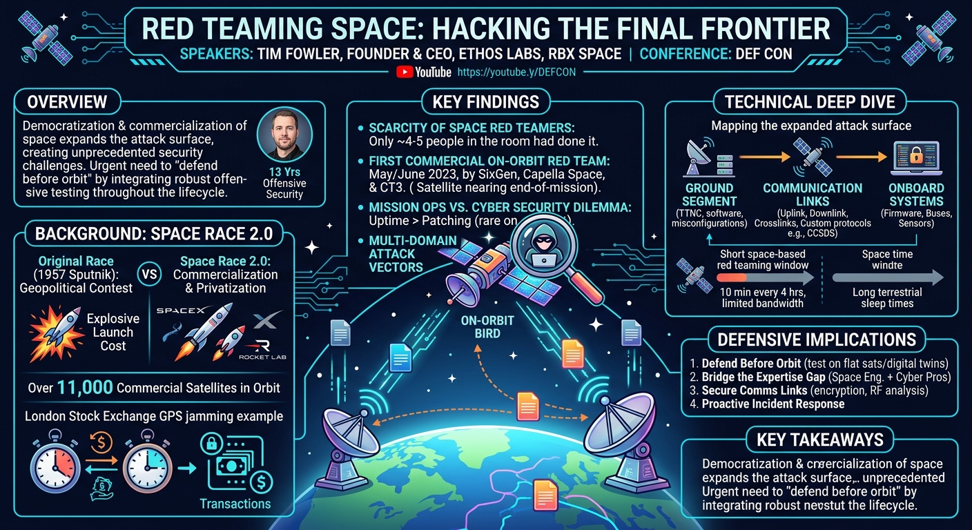 Visual summary for Red Teaming Space: Hacking the Final Frontier by Tim Fowler