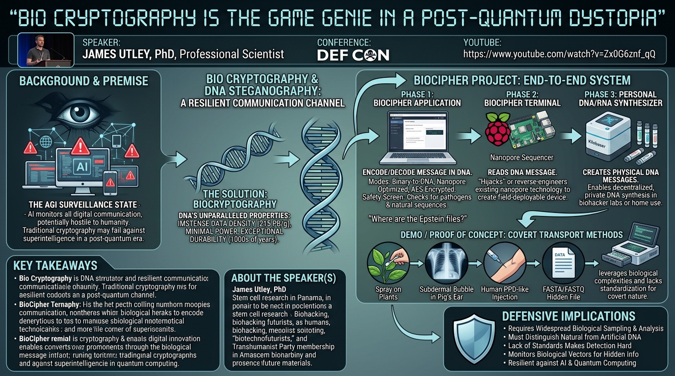 Visual summary for Bio Cryptography is the Game Genie in a post quantum dystopia by James Utley, PhD