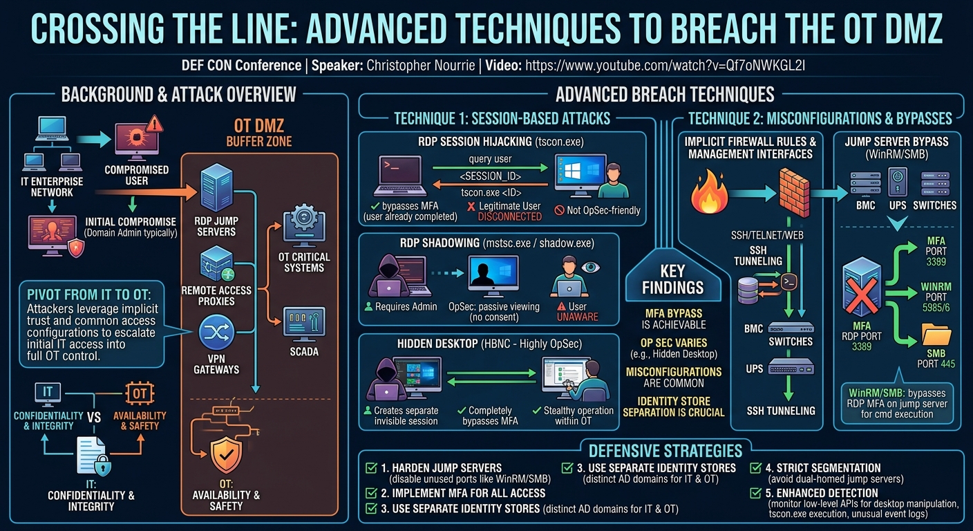 Visual summary for Crossing the Line: Advanced Techniques to Breach the OT DMZ by Christopher Nourrie