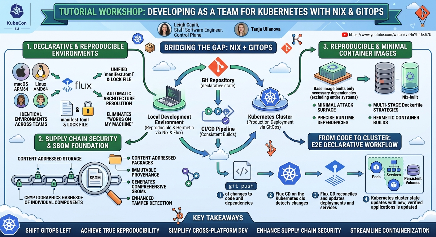 Visual summary for Tutorial: Workshop: Developing as a Team for Kubernetes With Nix an... Leigh Capili & Tanja Ulianova by Leigh Capili, Tanja Ulianova
