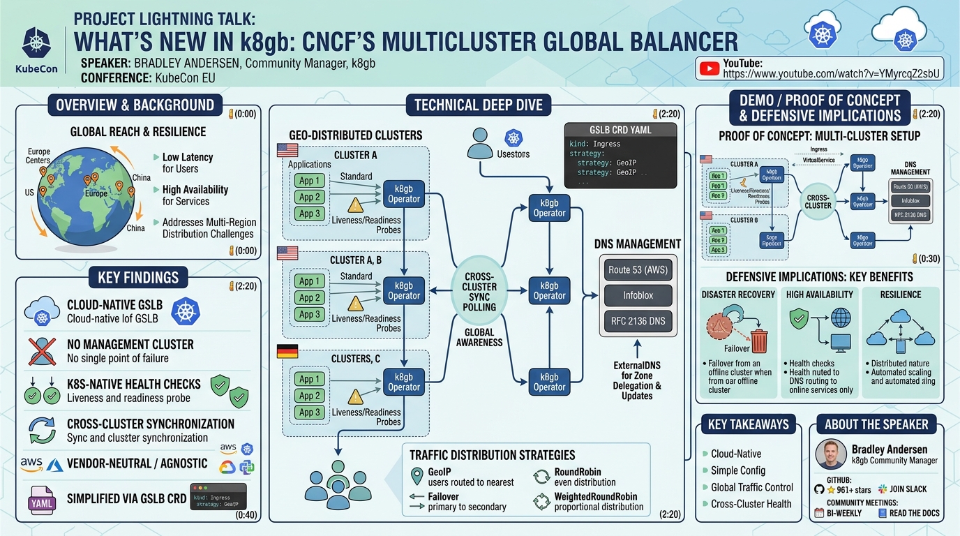 Visual summary for Project Lightning Talk: What's New in k8gb: CNCF's Multicluster Global Balancer - Bradley Andersen by Bradley Andersen