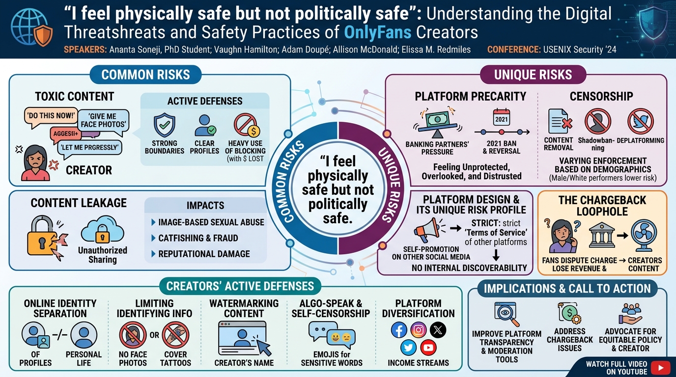 Visual summary for "I feel physically safe but not politically safe": Understanding the Digital Threats and Safety Practices of OnlyFans Creators by Ananta Soneji, Vaughn Hamilton, Adam Doupé, Allison McDonald, Elissa M. Redmiles