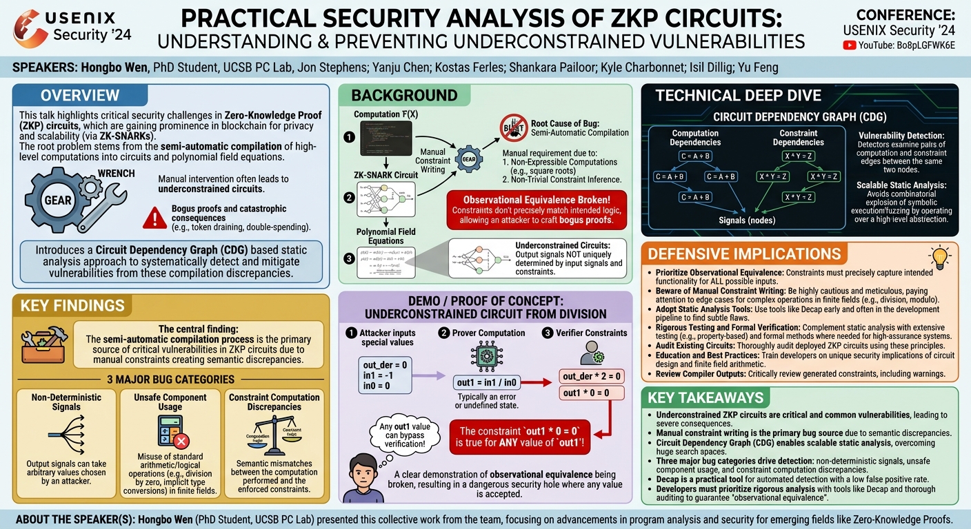 Visual summary for Practical Security Analysis of Zero-Knowledge Proof Circuits by Hongbo Wen, Jon Stephens, Yanju Chen, Kostas Ferles, Shankara Pailoor, Kyle Charbonnet, Isil Dillig, Yu Feng